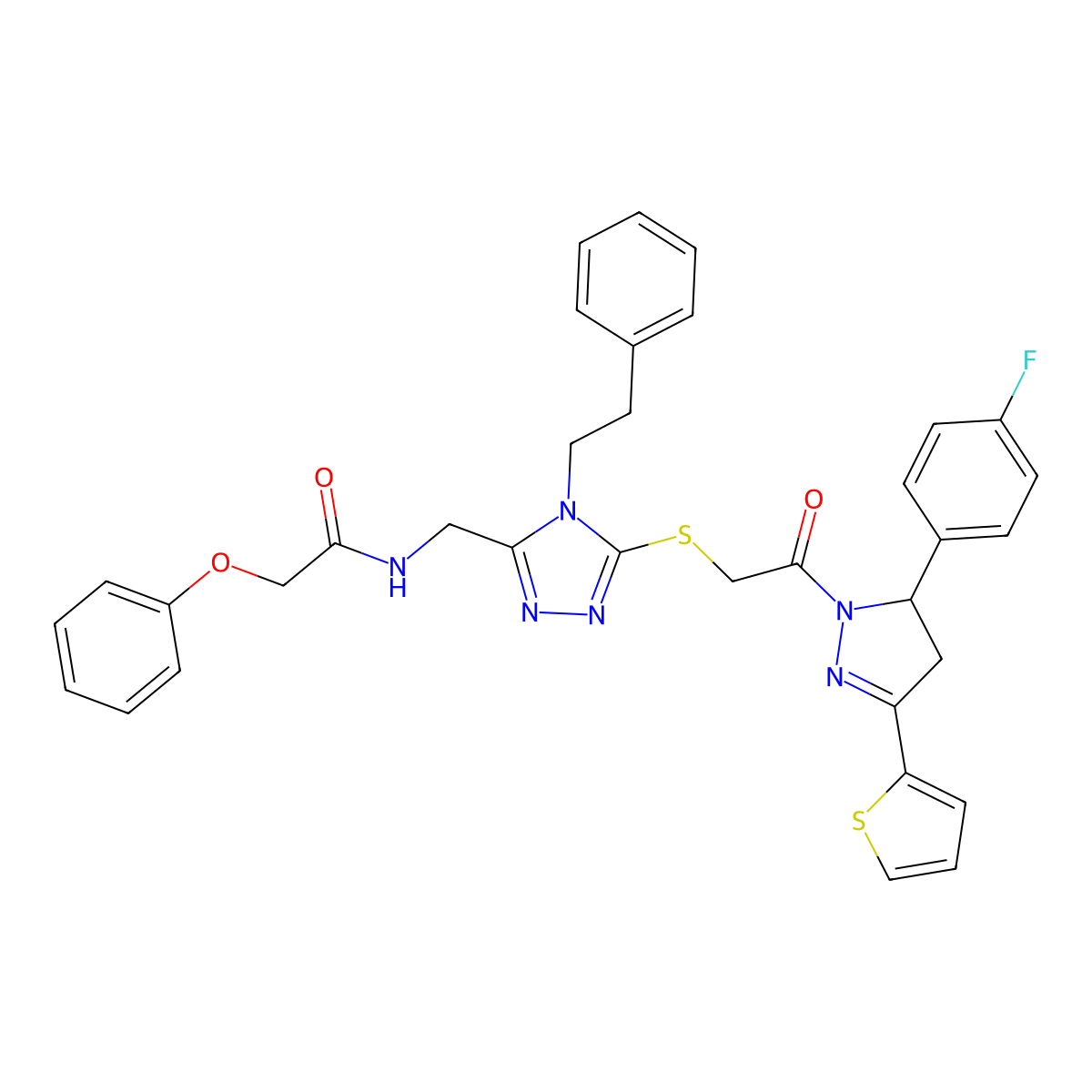 N-((5-((2-(5-(4-fluorophenyl)-3-(thiophen-2-yl)-4,5-dihydro-1H-pyrazol-1-yl)-2-oxoethyl)thio)-4-phenethyl-4H-1,2,4-triazol-3-yl)methyl)-2-phenoxyacetamide molecular structure, CAS 393783-67-0