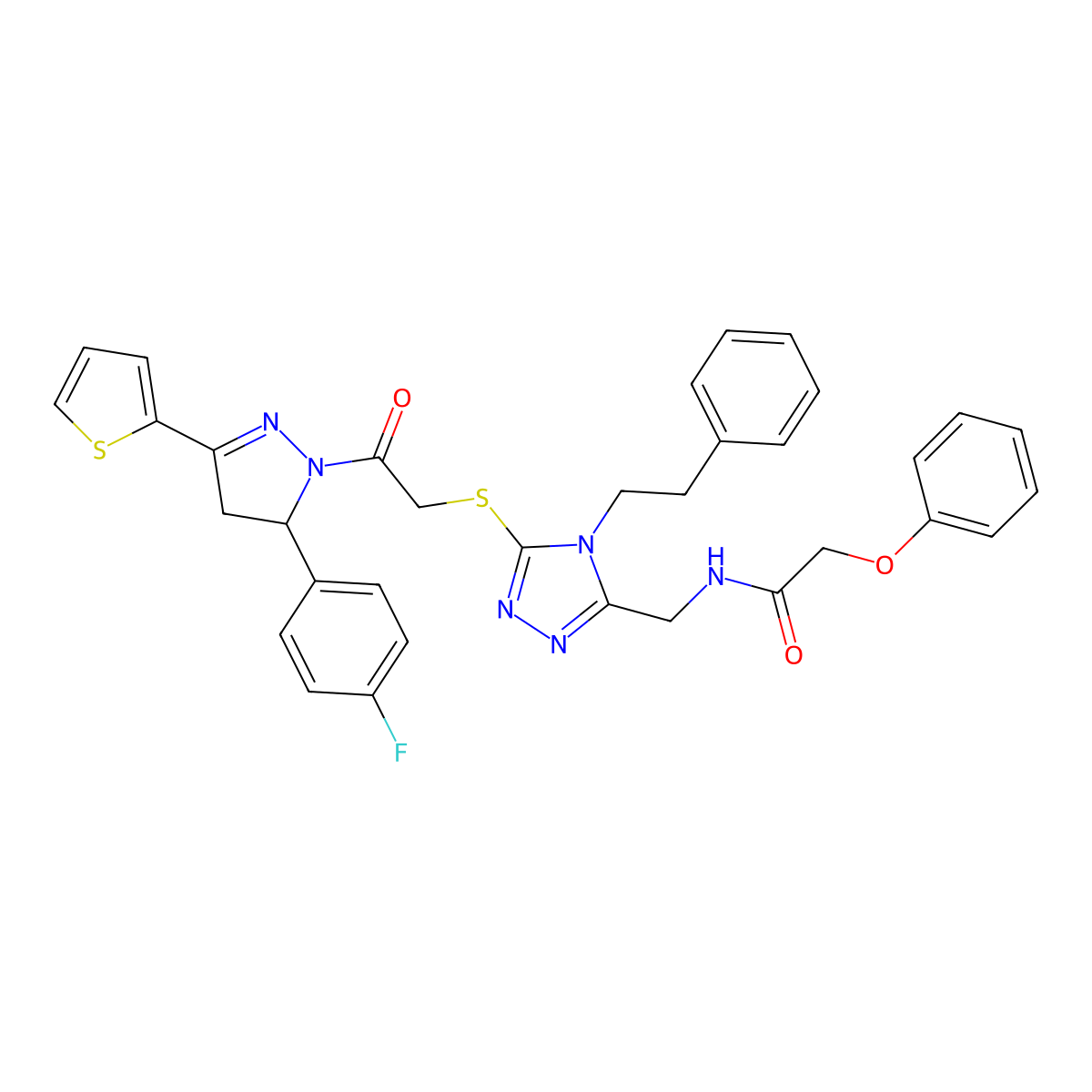 N-((5-((2-(5-(4-fluorophenyl)-3-(thiophen-2-yl)-4,5-dihydro-1H-pyrazol-1-yl)-2-oxoethyl)thio)-4-phenethyl-4H-1,2,4-triazol-3-yl)methyl)-2-phenoxyacetamide molecular structure, CAS 393783-67-0