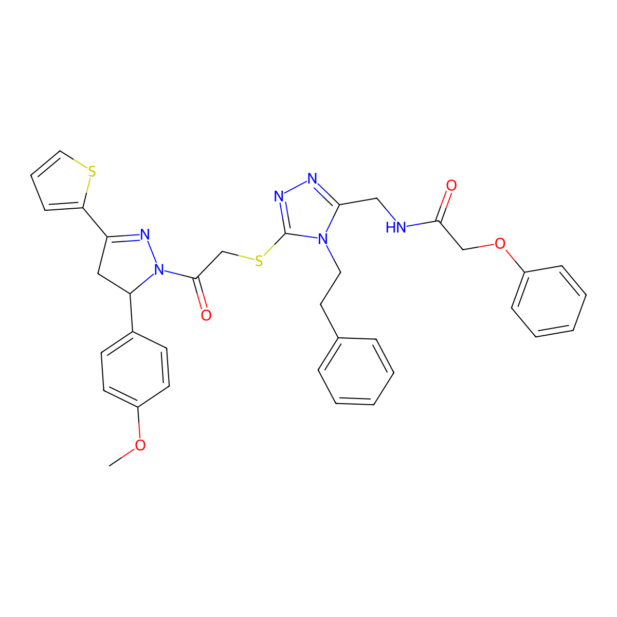 N-((5-((2-(5-(4-methoxyphenyl)-3-(thiophen-2-yl)-4,5-dihydro-1H-pyrazol-1-yl)-2-oxoethyl)thio)-4-phenethyl-4H-1,2,4-triazol-3-yl)methyl)-2-phenoxyacetamide molecular structure, CAS 393783-77-2