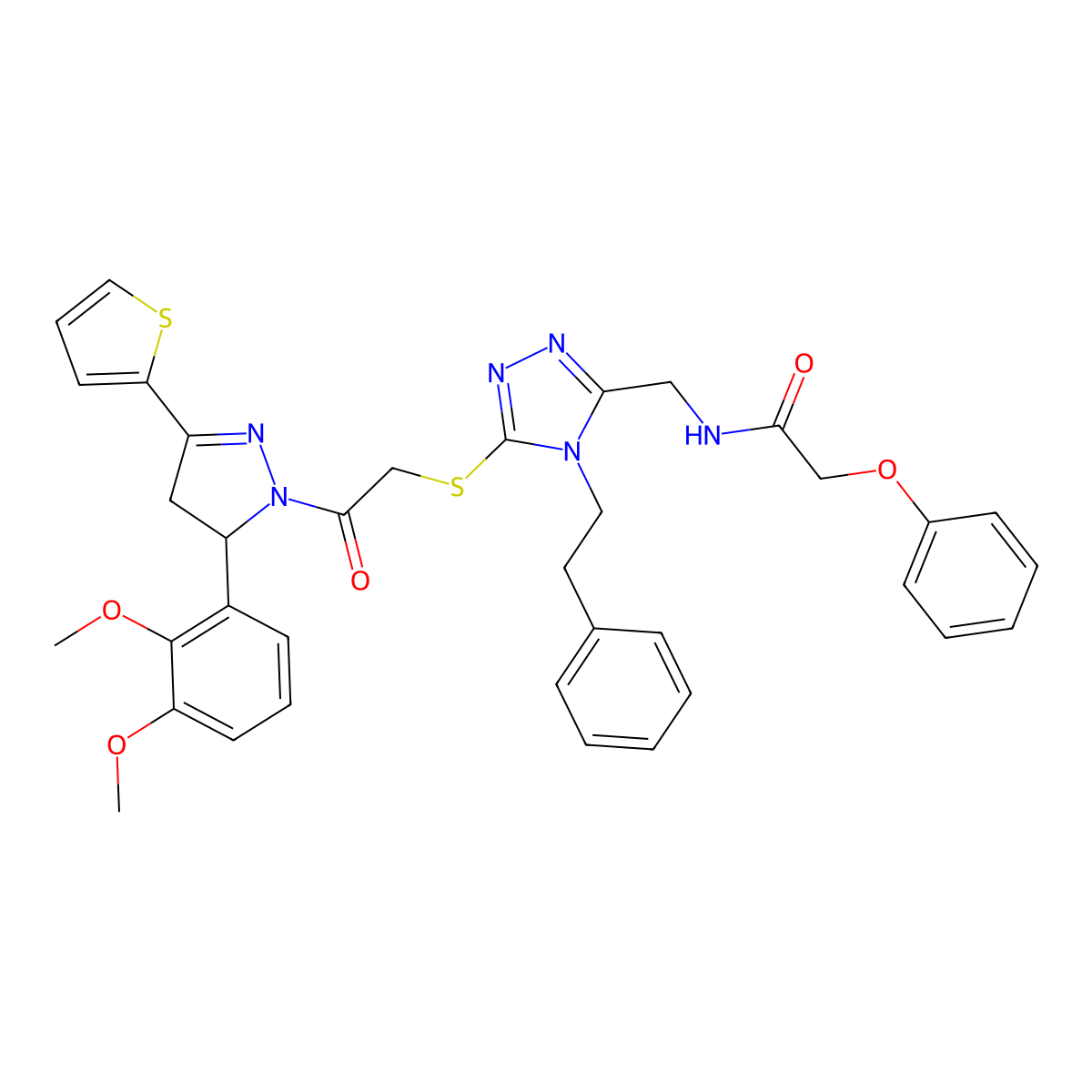N-((5-((2-(5-(2,3-dimethoxyphenyl)-3-(thiophen-2-yl)-4,5-dihydro-1H-pyrazol-1-yl)-2-oxoethyl)thio)-4-phenethyl-4H-1,2,4-triazol-3-yl)methyl)-2-phenoxyacetamide molecular structure, CAS 393783-85-2