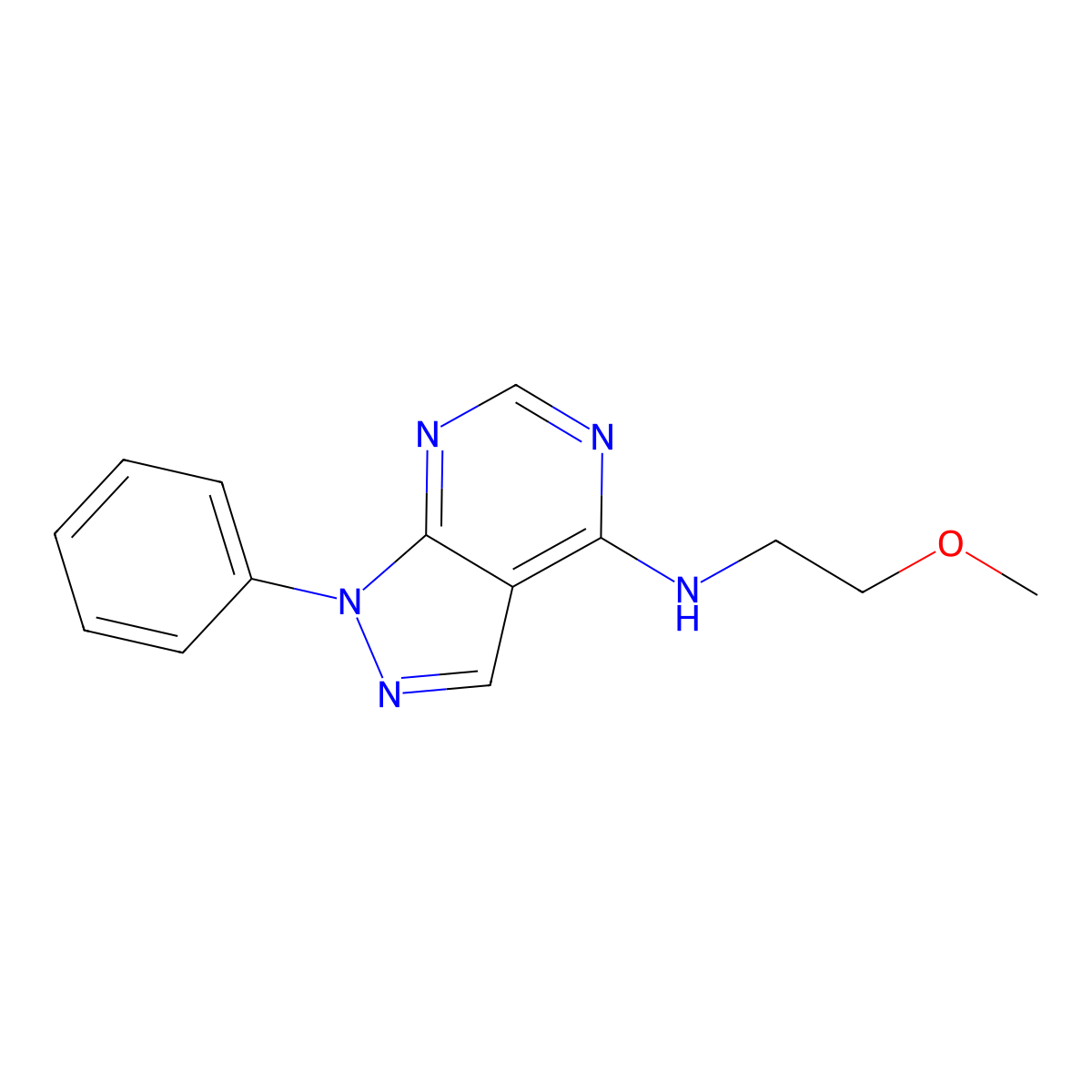 N-(2-methoxyethyl)-1-phenyl-1H-pyrazolo[3,4-d]pyrimidin-4-amine molecular structure, CAS 393784-29-7