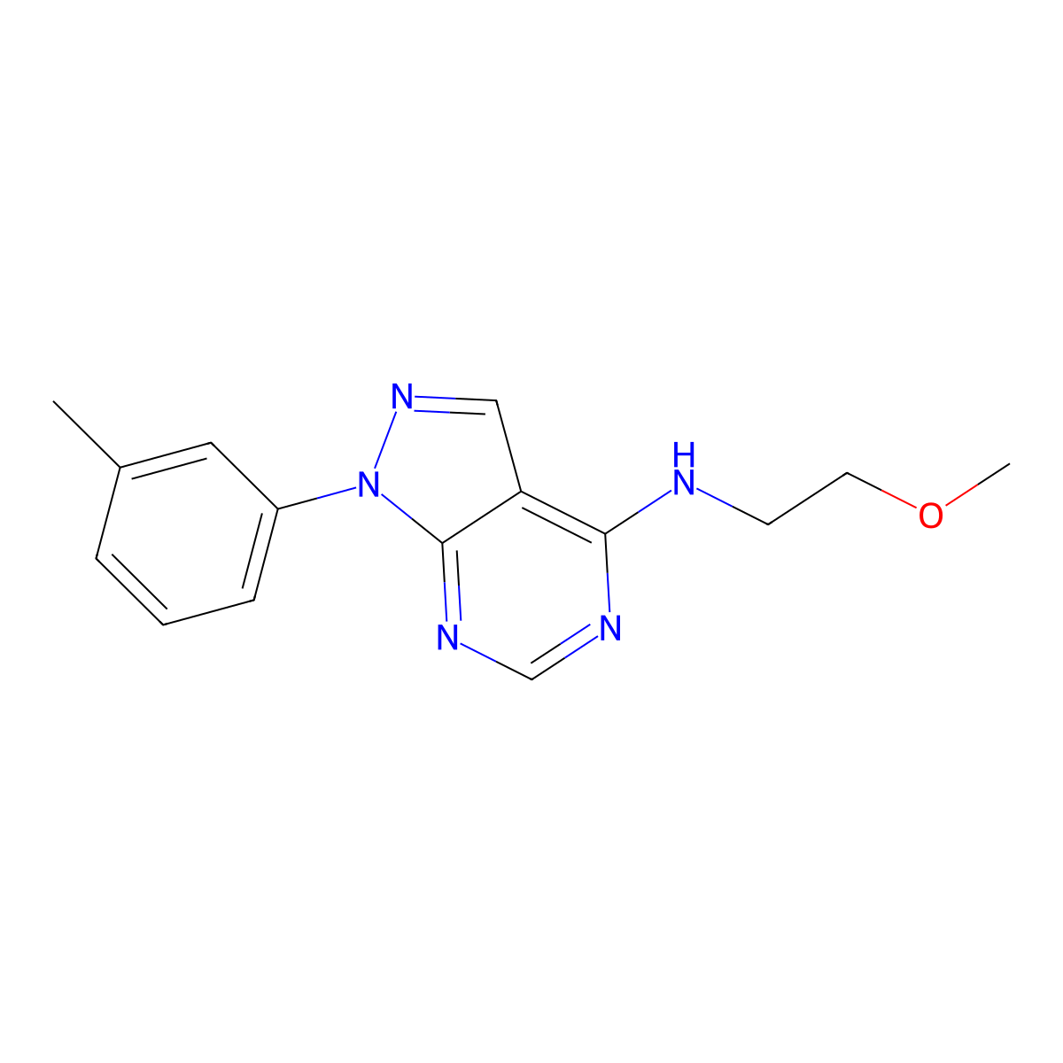 N-(2-methoxyethyl)-1-(3-methylphenyl)-1H-pyrazolo[3,4-d]pyrimidin-4-amine molecular structure, CAS 393784-32-2