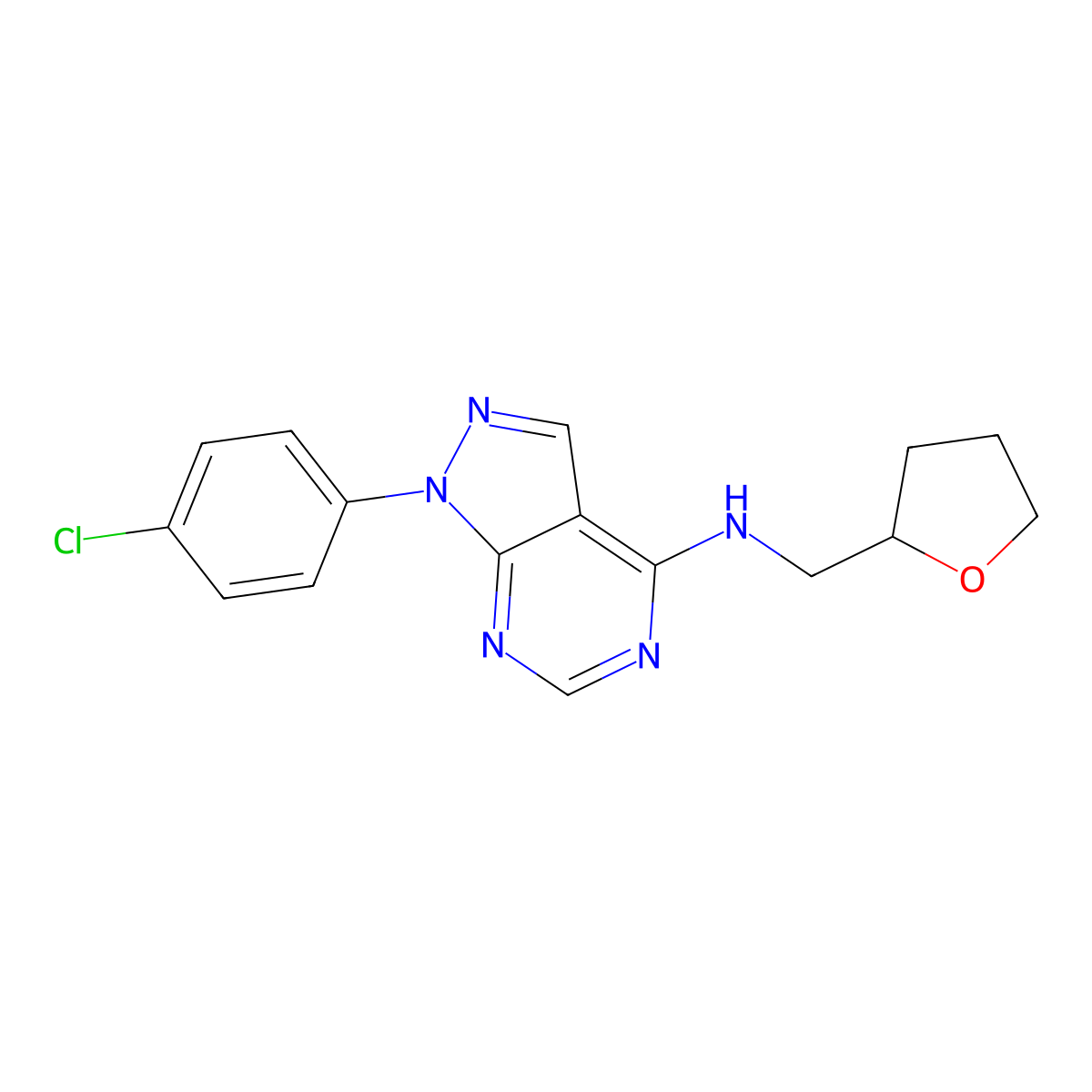 1-(4-chlorophenyl)-N-(oxolan-2-ylmethyl)pyrazolo[3,4-d]pyrimidin-4-amine molecular structure, CAS 393784-54-8