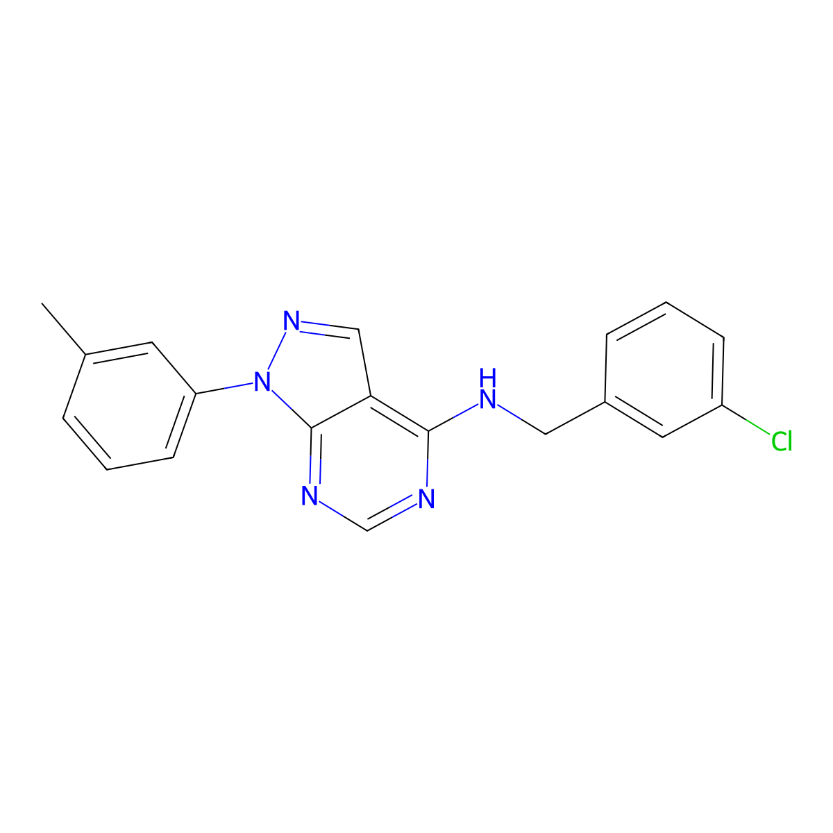 N-(3-chlorobenzyl)-1-(m-tolyl)-1H-pyrazolo[3,4-d]pyrimidin-4-amine molecular structure, CAS 393784-61-7