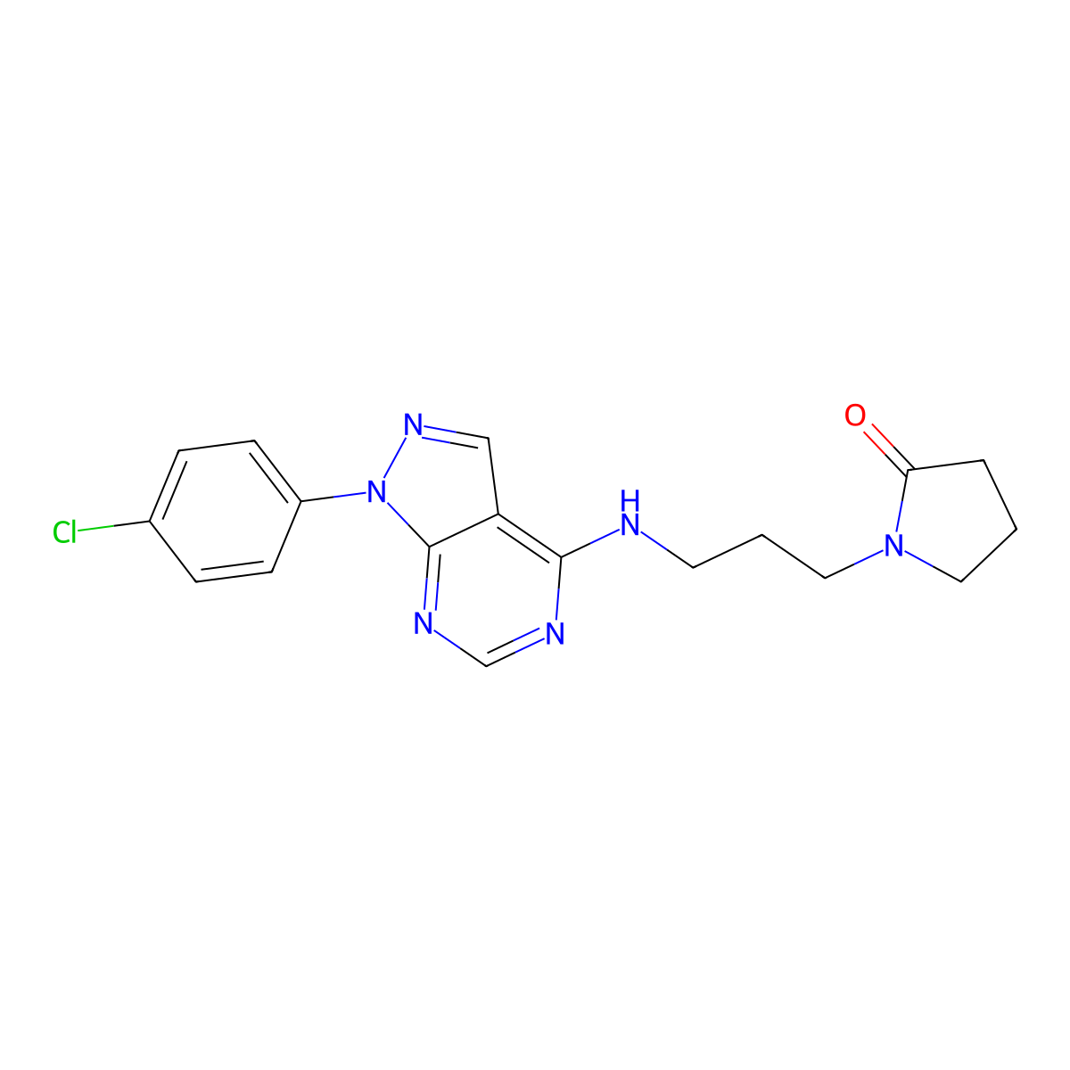 1-[3-[[1-(4-Chlorophenyl)pyrazolo[3,4-d]pyrimidin-4-yl]amino]propyl]pyrrolidin-2-one molecular structure, CAS 393784-78-6