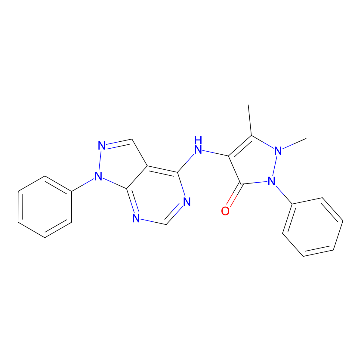 1,5-Dimethyl-2-phenyl-4-[(1-phenylpyrazolo[3,4-d]pyrimidin-4-yl)amino]pyrazol-3-one molecular structure, CAS 393786-73-7