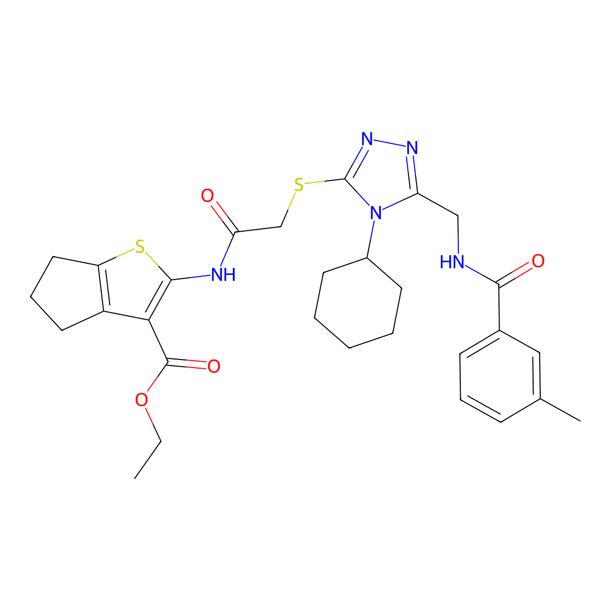 ethyl 2-(2-((4-cyclohexyl-5-((3-methylbenzamido)methyl)-4H-1,2,4-triazol-3-yl)thio)acetamido)-5,6-dihydro-4H-cyclopenta[b]thiophene-3-carboxylate molecular structure, CAS 393804-08-5