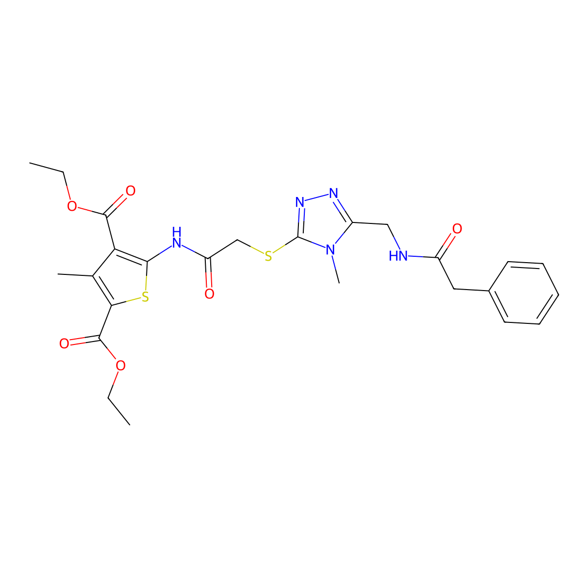 Diethyl 3-methyl-5-[[2-[[4-methyl-5-[[(2-phenylacetyl)amino]methyl]-1,2,4-triazol-3-yl]sulfanyl]acetyl]amino]thiophene-2,4-dicarboxylate molecular structure, CAS 393804-23-4