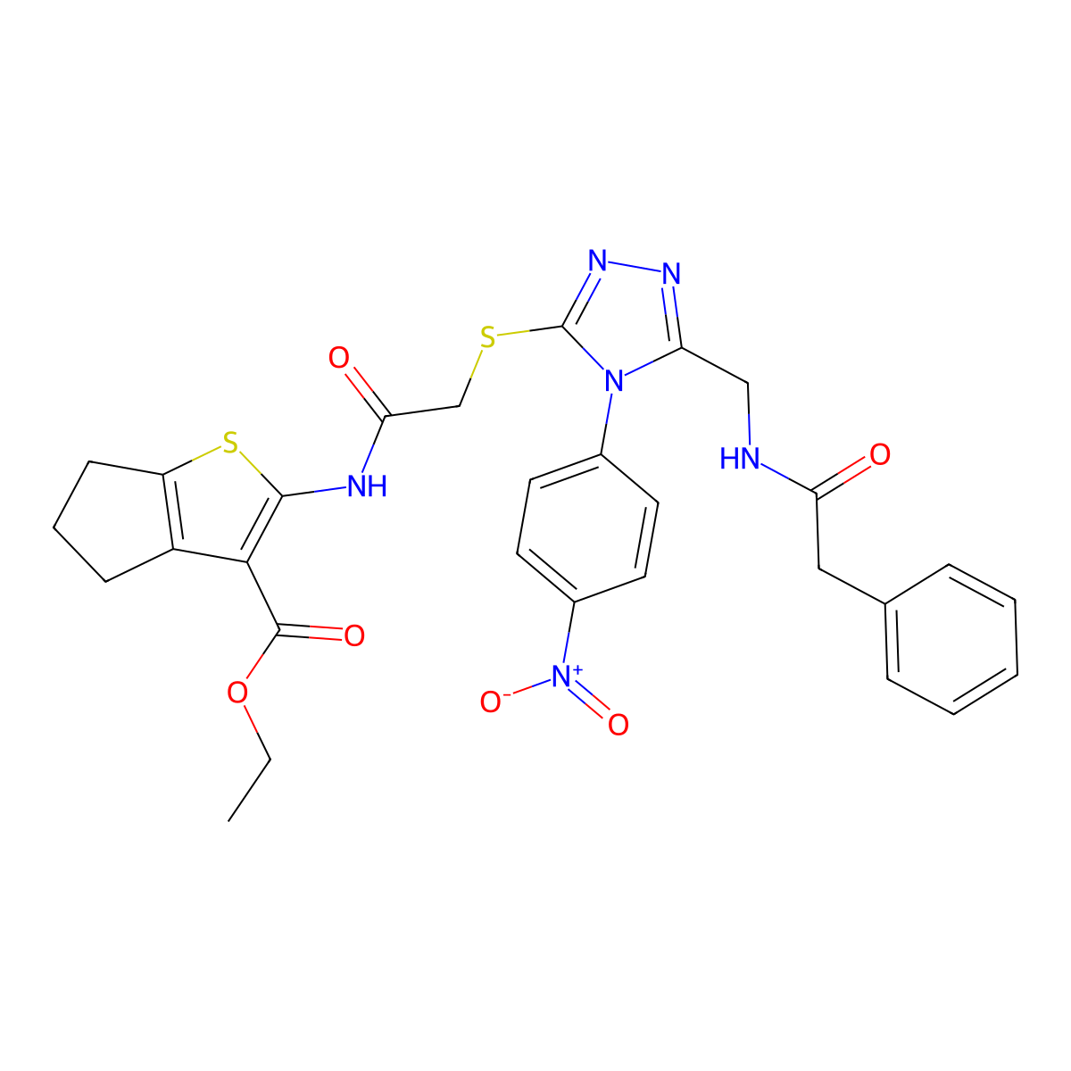 ethyl 2-(2-((4-(4-nitrophenyl)-5-((2-phenylacetamido)methyl)-4H-1,2,4-triazol-3-yl)thio)acetamido)-5,6-dihydro-4H-cyclopenta[b]thiophene-3-carboxylate molecular structure, CAS 393804-33-6