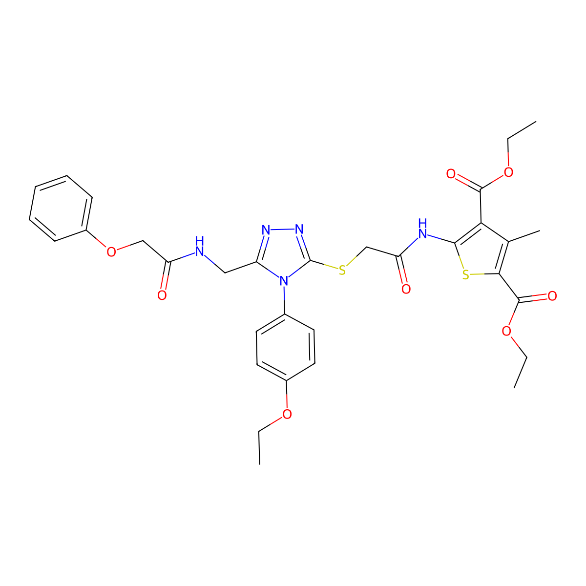 diethyl 5-(2-((4-(4-ethoxyphenyl)-5-((2-phenoxyacetamido)methyl)-4H-1,2,4-triazol-3-yl)thio)acetamido)-3-methylthiophene-2,4-dicarboxylate molecular structure, CAS 393804-77-8