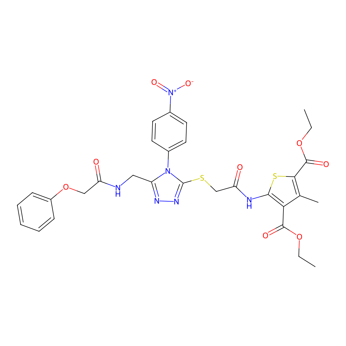 Diethyl 3-methyl-5-[[2-[[4-(4-nitrophenyl)-5-[[(2-phenoxyacetyl)amino]methyl]-1,2,4-triazol-3-yl]sulfanyl]acetyl]amino]thiophene-2,4-dicarboxylate molecular structure, CAS 393804-81-4