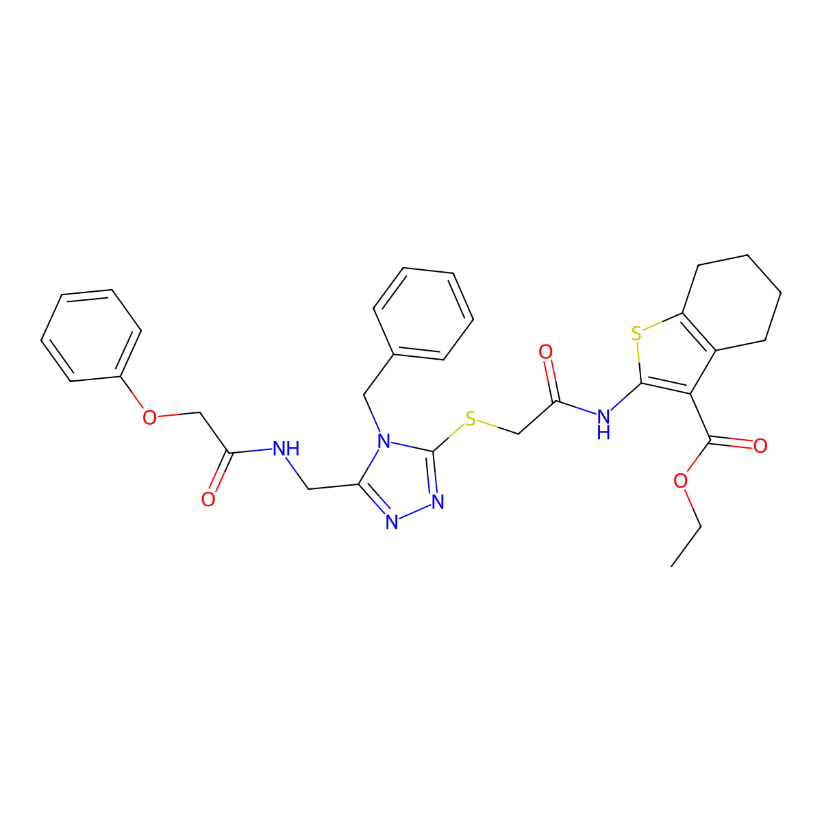 Ethyl 2-[[2-[[4-benzyl-5-[[(2-phenoxyacetyl)amino]methyl]-1,2,4-triazol-3-yl]sulfanyl]acetyl]amino]-4,5,6,7-tetrahydro-1-benzothiophene-3-carboxylate molecular structure, CAS 393804-82-5