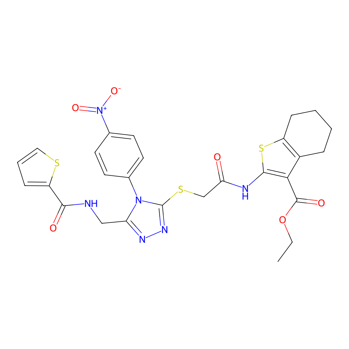 Ethyl 2-[[2-[[4-(4-nitrophenyl)-5-[(thiophene-2-carbonylamino)methyl]-1,2,4-triazol-3-yl]sulfanyl]acetyl]amino]-4,5,6,7-tetrahydro-1-benzothiophene-3-carboxylate molecular structure, CAS 393805-64-6