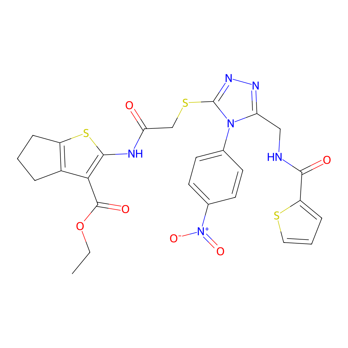 ethyl 2-[[2-[[4-(4-nitrophenyl)-5-[(thiophene-2-carbonylamino)methyl]-1,2,4-triazol-3-yl]sulfanyl]acetyl]amino]-5,6-dihydro-4H-cyclopenta[b]thiophene-3-carboxylate molecular structure, CAS 393805-65-7