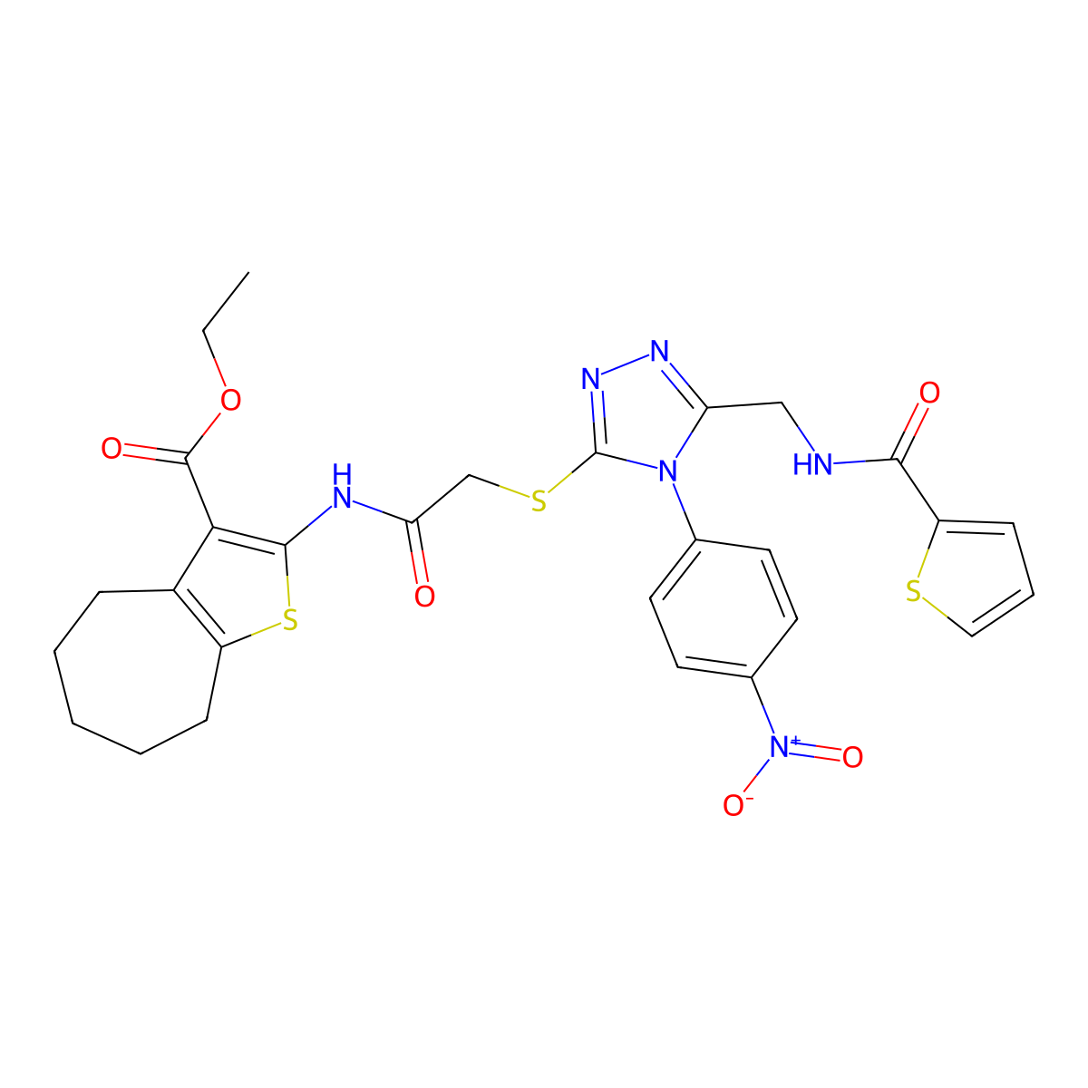ethyl 2-(2-((4-(4-nitrophenyl)-5-((thiophene-2-carboxamido)methyl)-4H-1,2,4-triazol-3-yl)thio)acetamido)-5,6,7,8-tetrahydro-4H-cyclohepta[b]thiophene-3-carboxylate molecular structure, CAS 393805-66-8