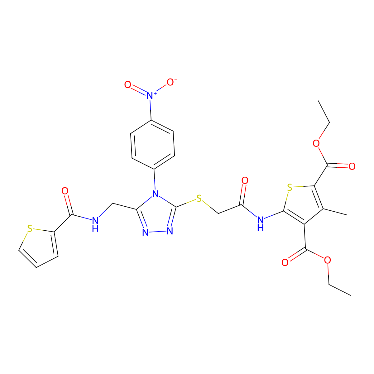 diethyl 3-methyl-5-(2-((4-(4-nitrophenyl)-5-((thiophene-2-carboxamido)methyl)-4H-1,2,4-triazol-3-yl)thio)acetamido)thiophene-2,4-dicarboxylate molecular structure, CAS 393805-68-0