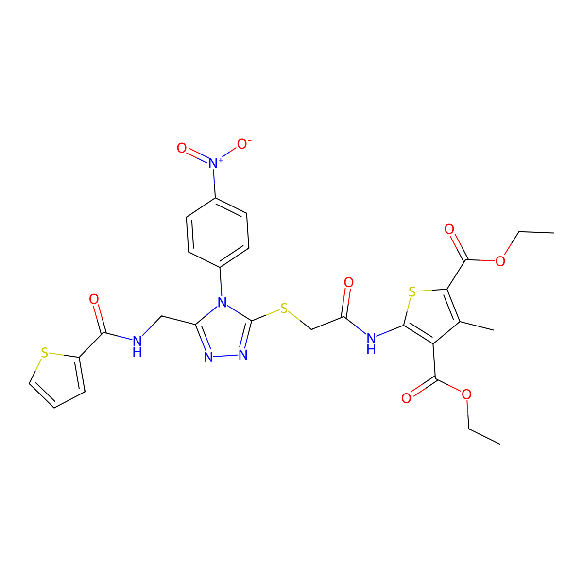 diethyl 3-methyl-5-(2-((4-(4-nitrophenyl)-5-((thiophene-2-carboxamido)methyl)-4H-1,2,4-triazol-3-yl)thio)acetamido)thiophene-2,4-dicarboxylate molecular structure, CAS 393805-68-0