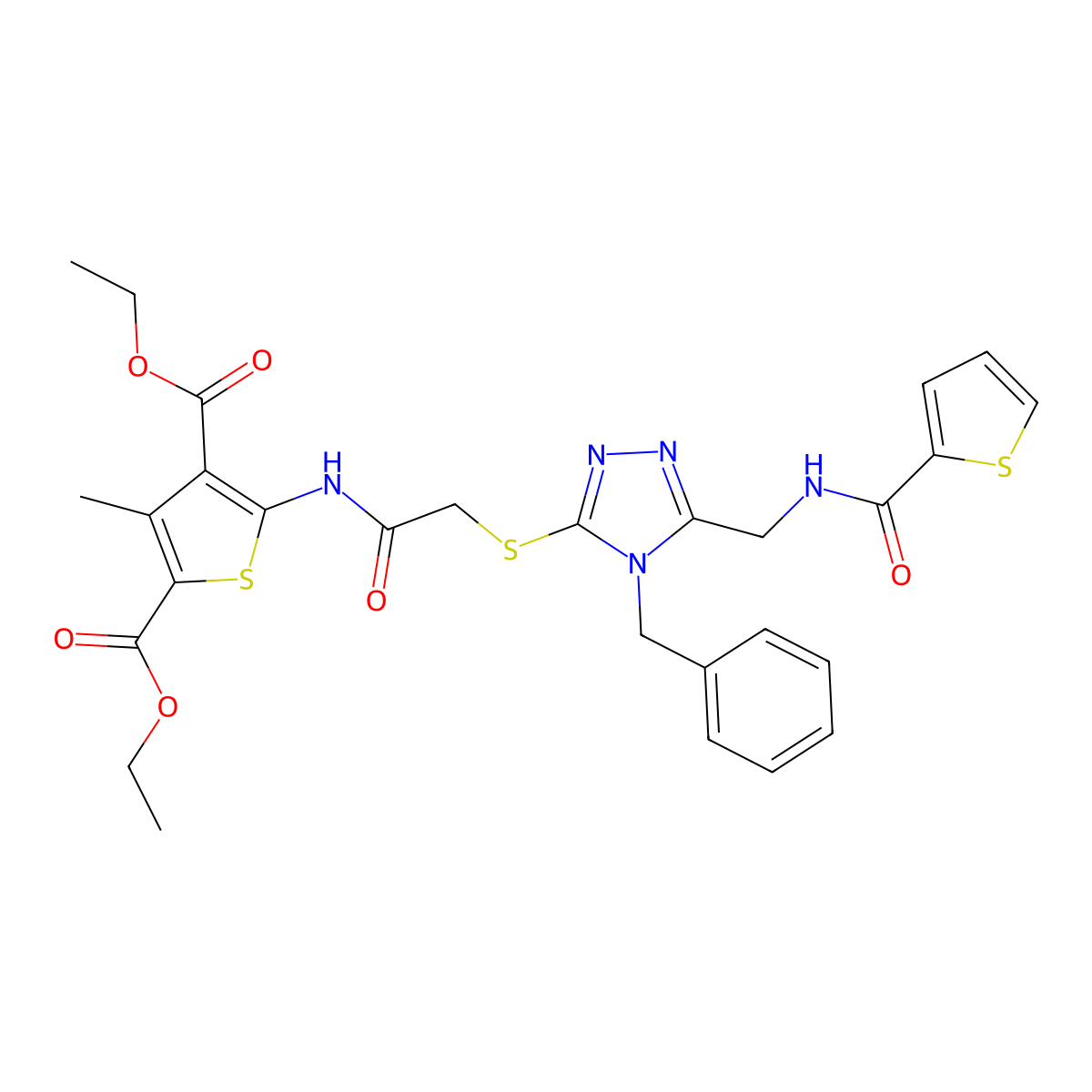 diethyl 5-(2-((4-benzyl-5-((thiophene-2-carboxamido)methyl)-4H-1,2,4-triazol-3-yl)thio)acetamido)-3-methylthiophene-2,4-dicarboxylate molecular structure, CAS 393805-72-6