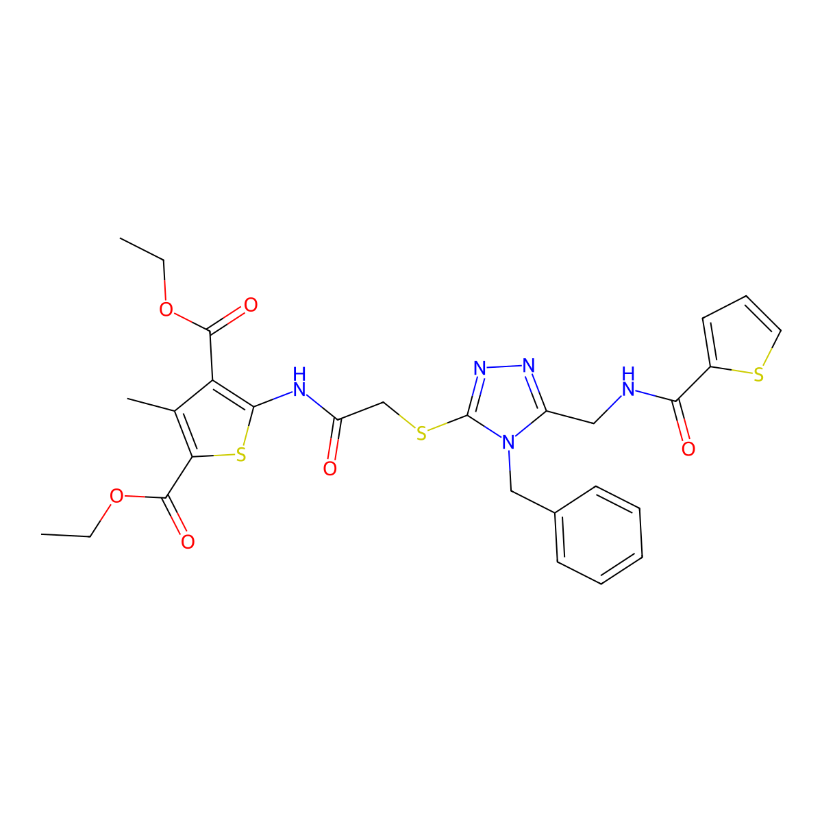 diethyl 5-(2-((4-benzyl-5-((thiophene-2-carboxamido)methyl)-4H-1,2,4-triazol-3-yl)thio)acetamido)-3-methylthiophene-2,4-dicarboxylate molecular structure, CAS 393805-72-6