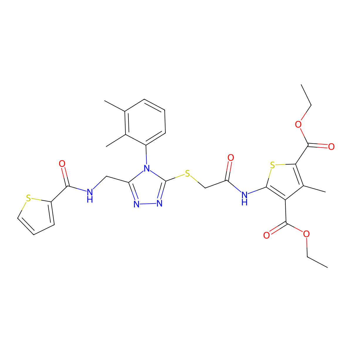 Diethyl 5-[[2-[[4-(2,3-dimethylphenyl)-5-[(thiophene-2-carbonylamino)methyl]-1,2,4-triazol-3-yl]sulfanyl]acetyl]amino]-3-methylthiophene-2,4-dicarboxylate molecular structure, CAS 393806-01-4