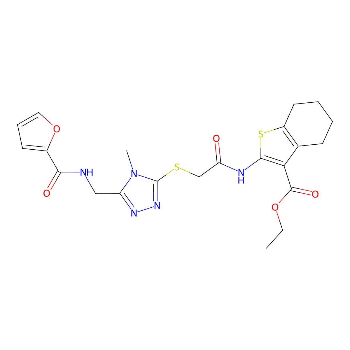 ethyl 2-(2-((5-((furan-2-carboxamido)methyl)-4-methyl-4H-1,2,4-triazol-3-yl)thio)acetamido)-4,5,6,7-tetrahydrobenzo[b]thiophene-3-carboxylate molecular structure, CAS 393806-06-9