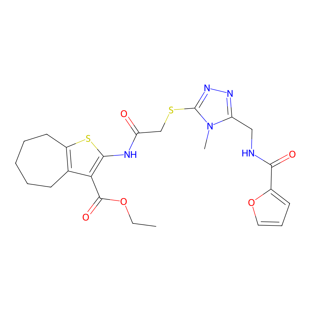 ethyl 2-[[2-[[5-[(furan-2-carbonylamino)methyl]-4-methyl-1,2,4-triazol-3-yl]sulfanyl]acetyl]amino]-5,6,7,8-tetrahydro-4H-cyclohepta[b]thiophene-3-carboxylate molecular structure, CAS 393806-08-1