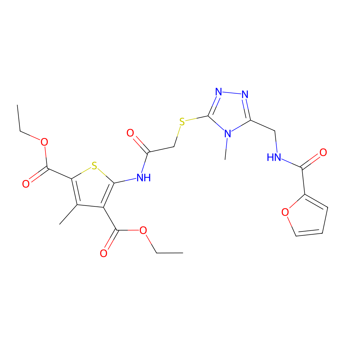 diethyl 5-(2-((5-((furan-2-carboxamido)methyl)-4-methyl-4H-1,2,4-triazol-3-yl)thio)acetamido)-3-methylthiophene-2,4-dicarboxylate molecular structure, CAS 393806-10-5