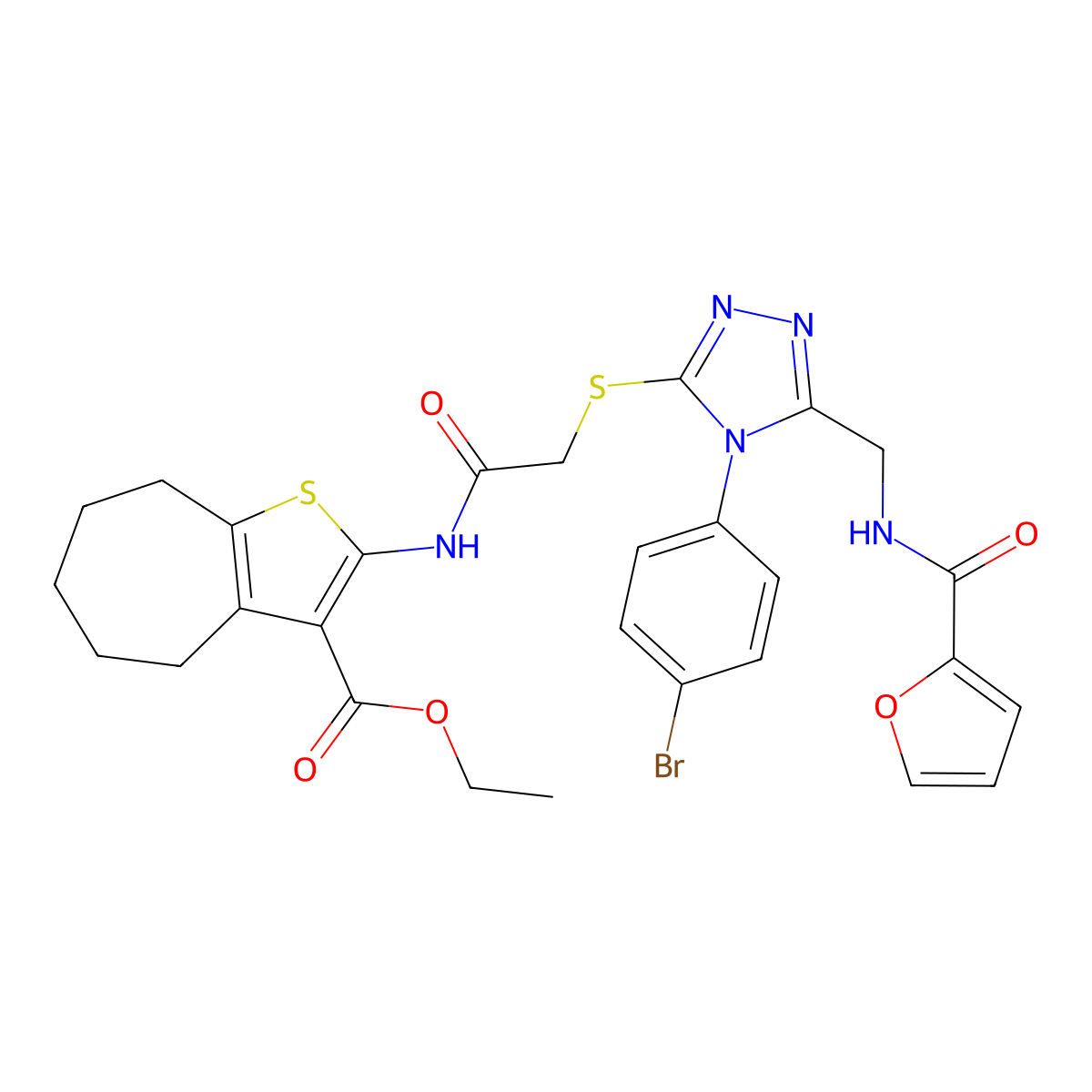 ethyl 2-(2-((4-(4-bromophenyl)-5-((furan-2-carboxamido)methyl)-4H-1,2,4-triazol-3-yl)thio)acetamido)-5,6,7,8-tetrahydro-4H-cyclohepta[b]thiophene-3-carboxylate molecular structure, CAS 393806-13-8