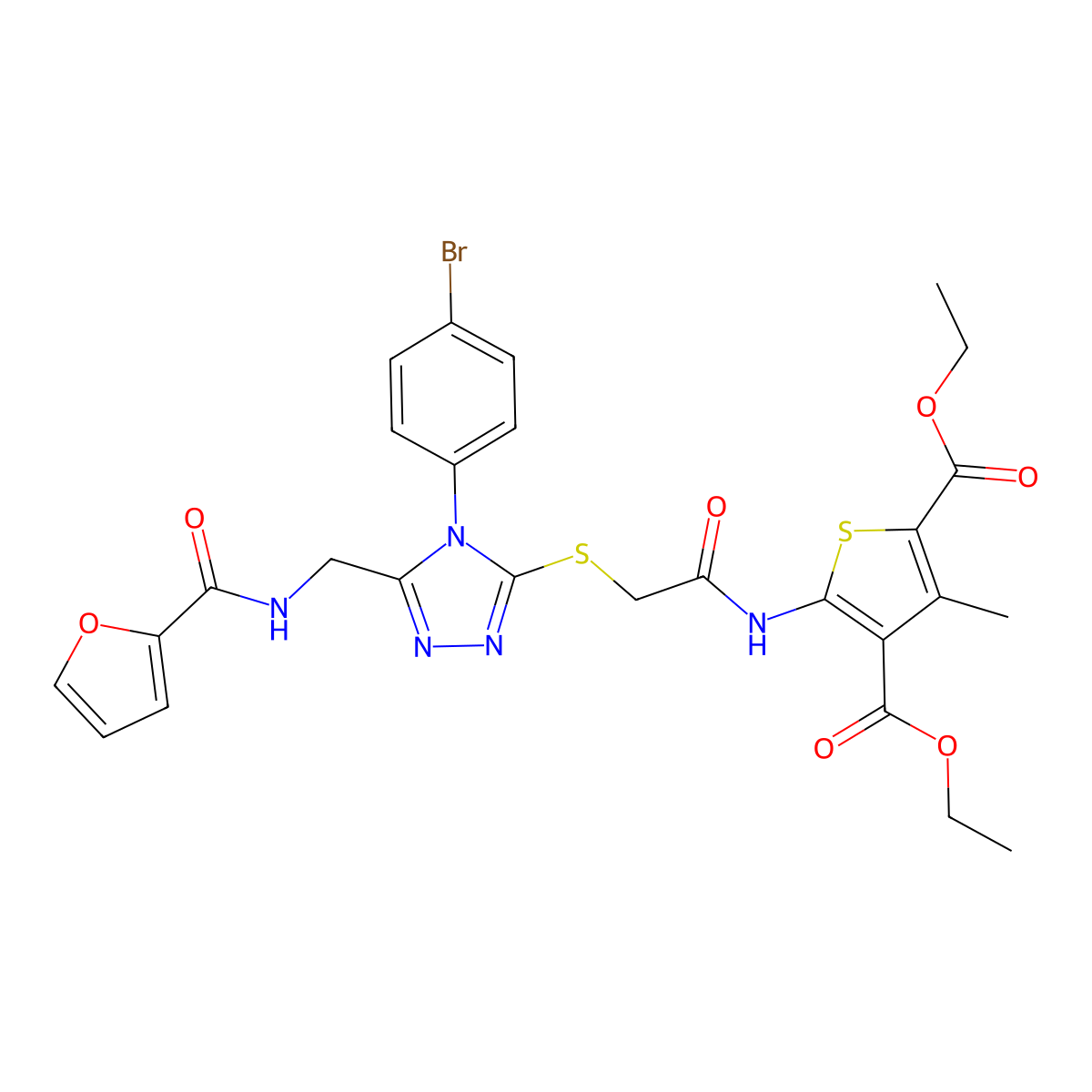 diethyl 5-(2-((4-(4-bromophenyl)-5-((furan-2-carboxamido)methyl)-4H-1,2,4-triazol-3-yl)thio)acetamido)-3-methylthiophene-2,4-dicarboxylate molecular structure, CAS 393806-14-9