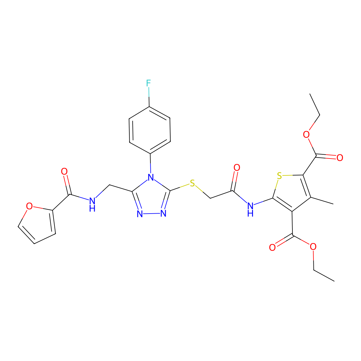 Diethyl 5-[[2-[[4-(4-fluorophenyl)-5-[(furan-2-carbonylamino)methyl]-1,2,4-triazol-3-yl]sulfanyl]acetyl]amino]-3-methylthiophene-2,4-dicarboxylate molecular structure, CAS 393806-19-4