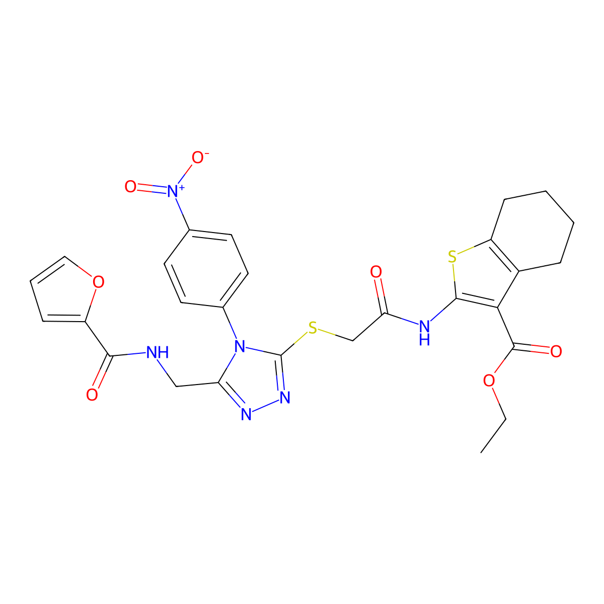 Ethyl 2-[[2-[[5-[(furan-2-carbonylamino)methyl]-4-(4-nitrophenyl)-1,2,4-triazol-3-yl]sulfanyl]acetyl]amino]-4,5,6,7-tetrahydro-1-benzothiophene-3-carboxylate molecular structure, CAS 393806-25-2