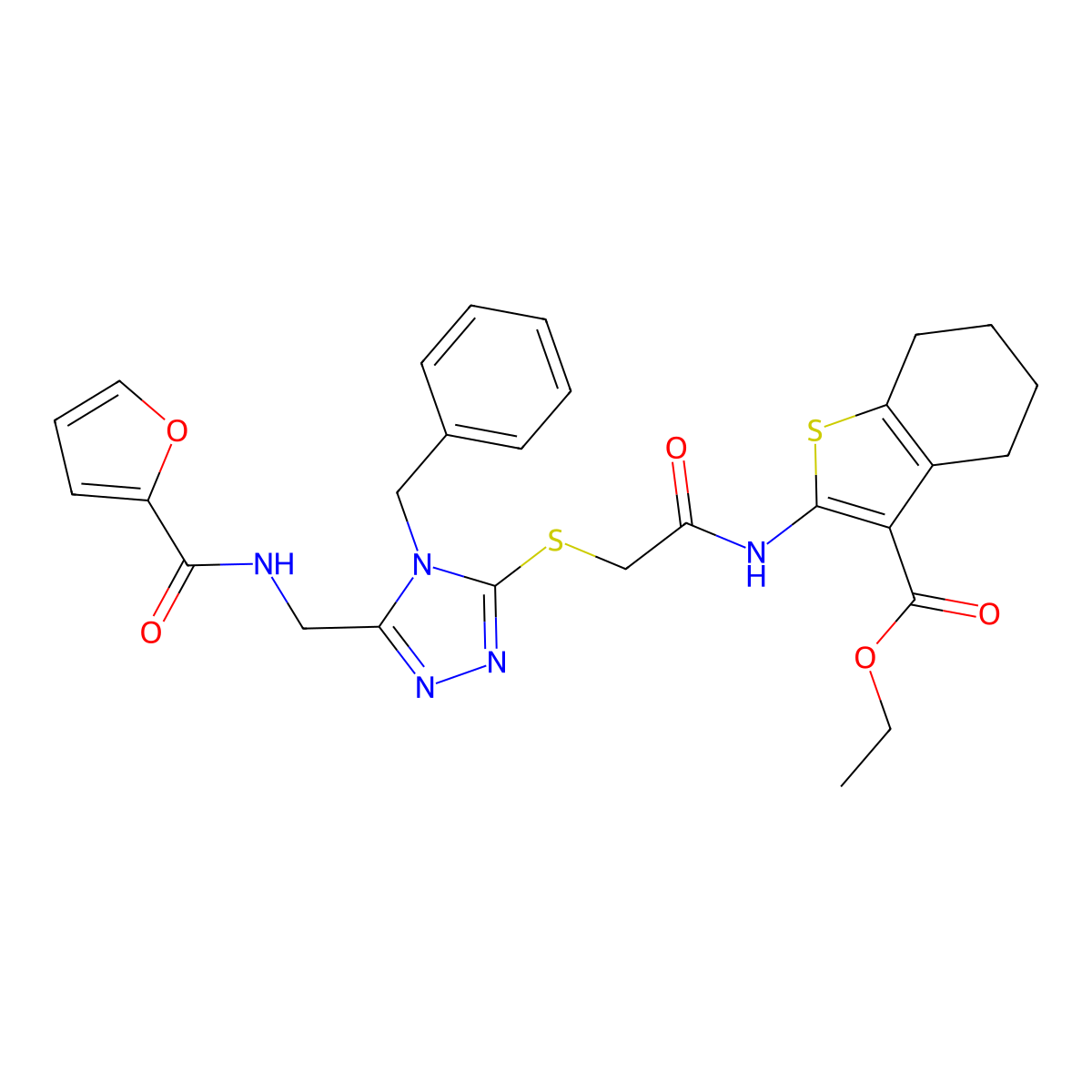 Ethyl 2-[[2-[[4-benzyl-5-[(furan-2-carbonylamino)methyl]-1,2,4-triazol-3-yl]sulfanyl]acetyl]amino]-4,5,6,7-tetrahydro-1-benzothiophene-3-carboxylate molecular structure, CAS 393806-30-9