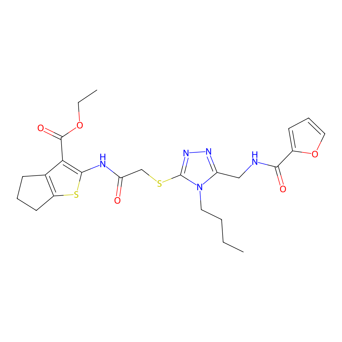 ethyl 2-[[2-[[4-butyl-5-[(furan-2-carbonylamino)methyl]-1,2,4-triazol-3-yl]sulfanyl]acetyl]amino]-5,6-dihydro-4H-cyclopenta[b]thiophene-3-carboxylate molecular structure, CAS 393806-41-2