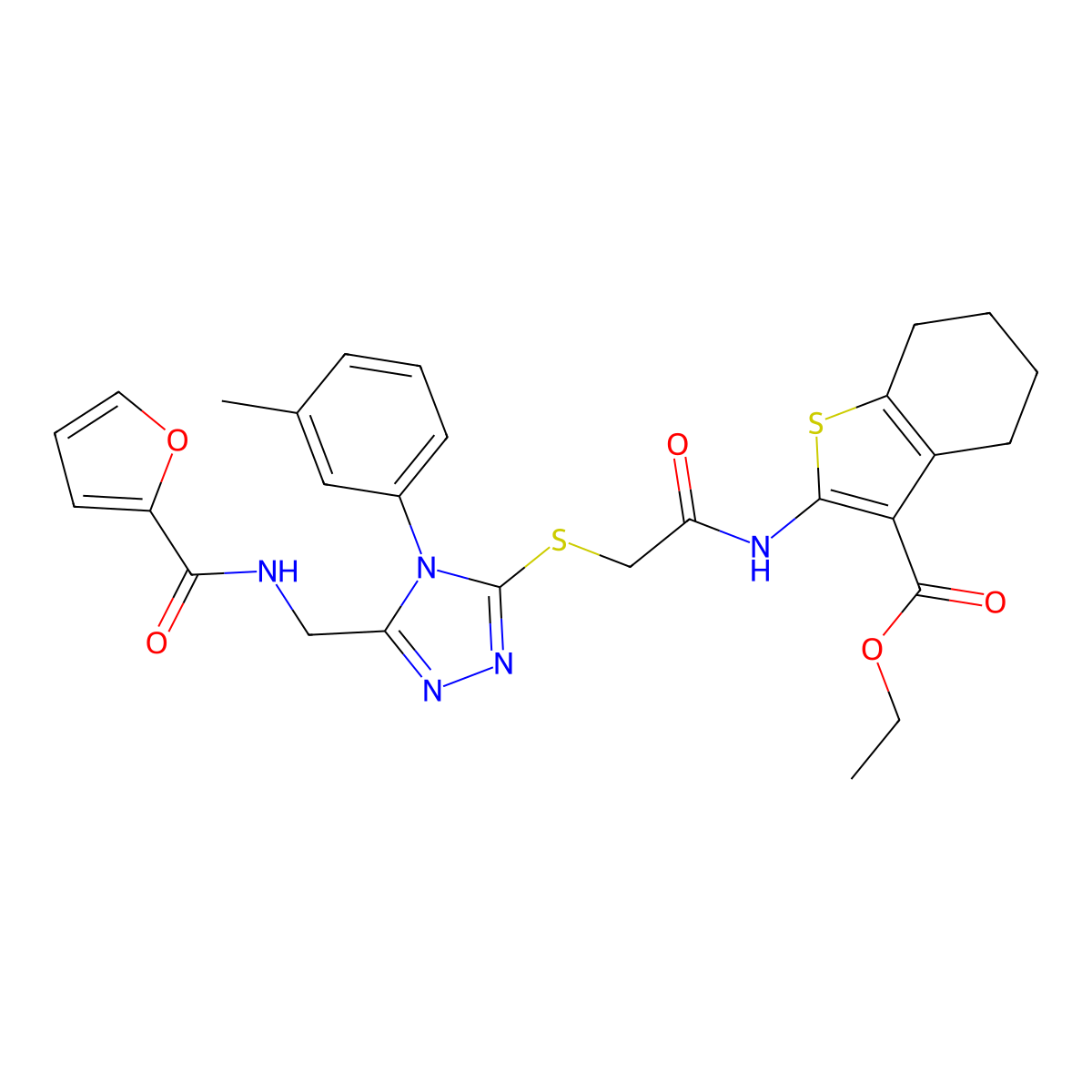 ethyl 2-(2-((5-((furan-2-carboxamido)methyl)-4-(m-tolyl)-4H-1,2,4-triazol-3-yl)thio)acetamido)-4,5,6,7-tetrahydrobenzo[b]thiophene-3-carboxylate molecular structure, CAS 393806-50-3