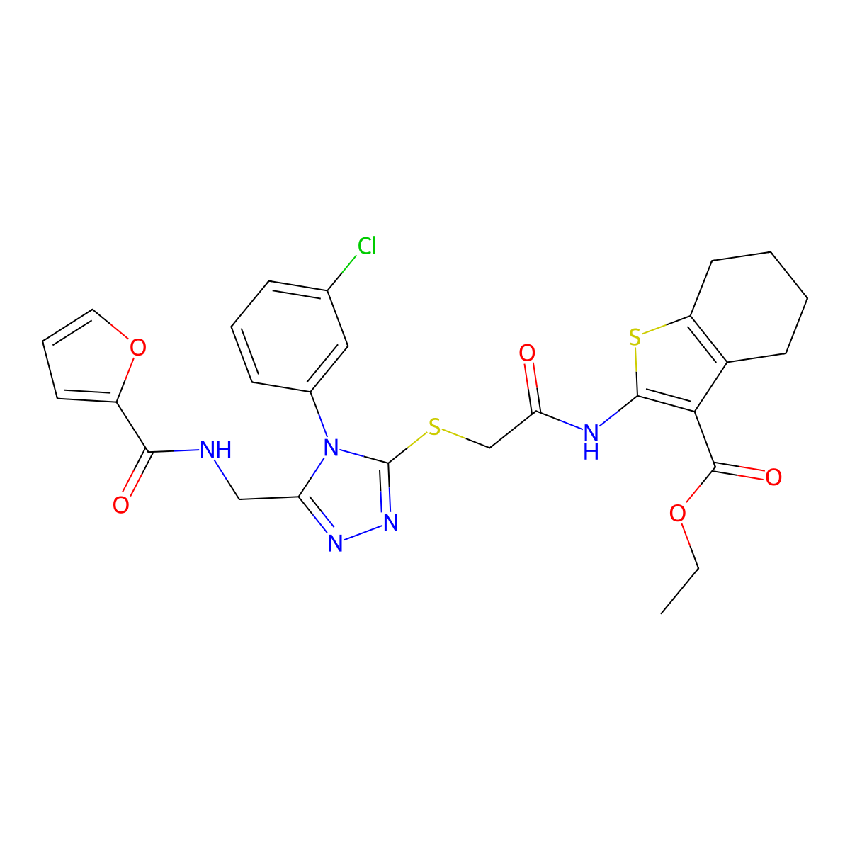 Ethyl 2-[[2-[[4-(3-chlorophenyl)-5-[(furan-2-carbonylamino)methyl]-1,2,4-triazol-3-yl]sulfanyl]acetyl]amino]-4,5,6,7-tetrahydro-1-benzothiophene-3-carboxylate molecular structure, CAS 393806-55-8