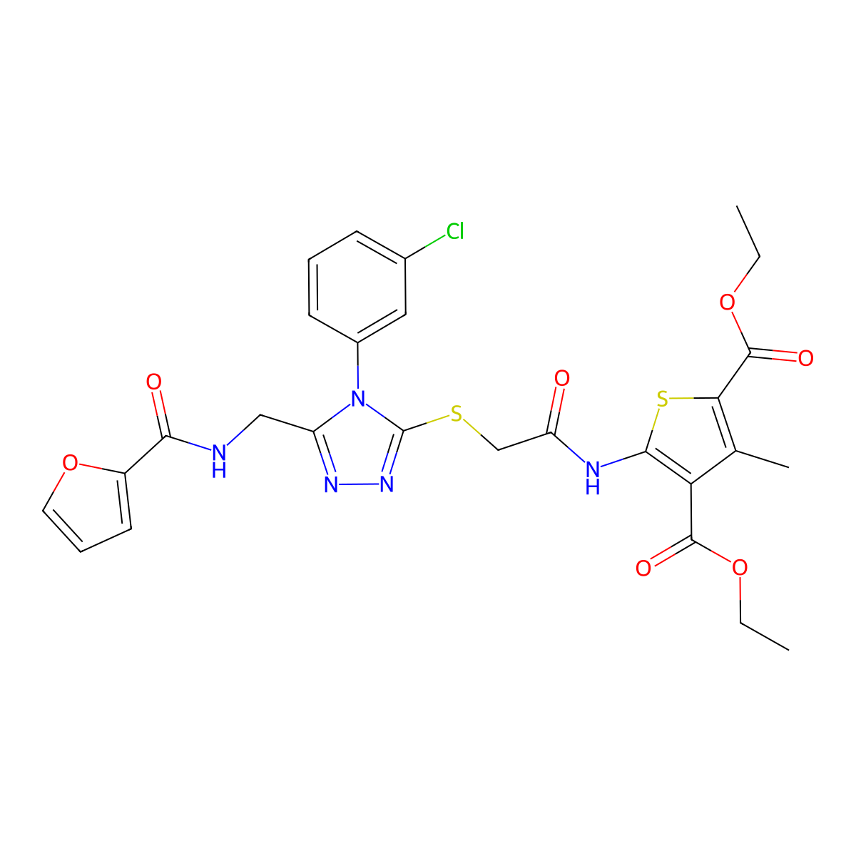 diethyl 5-(2-((4-(3-chlorophenyl)-5-((furan-2-carboxamido)methyl)-4H-1,2,4-triazol-3-yl)thio)acetamido)-3-methylthiophene-2,4-dicarboxylate molecular structure, CAS 393806-59-2