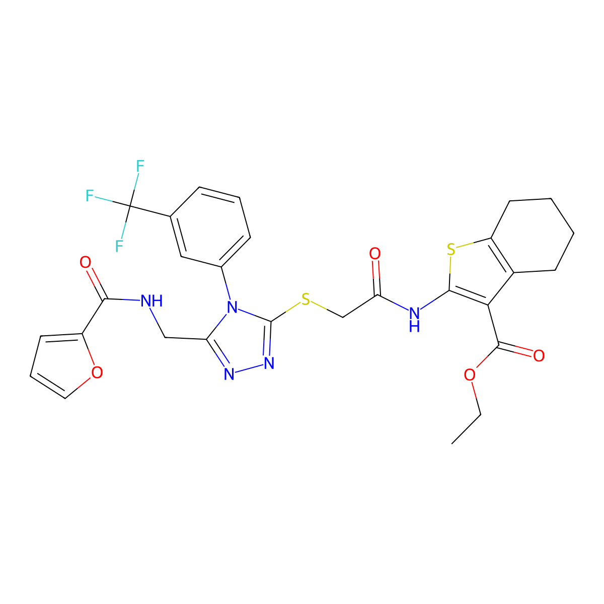 ethyl 2-(2-((5-((furan-2-carboxamido)methyl)-4-(3-(trifluoromethyl)phenyl)-4H-1,2,4-triazol-3-yl)thio)acetamido)-4,5,6,7-tetrahydrobenzo[b]thiophene-3-carboxylate molecular structure, CAS 393806-60-5