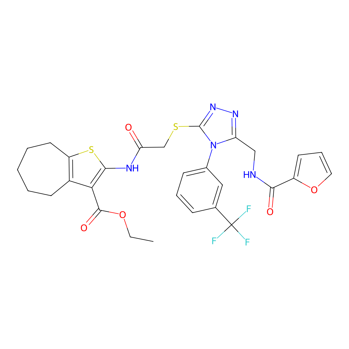 ethyl 2-[[2-[[5-[(furan-2-carbonylamino)methyl]-4-[3-(trifluoromethyl)phenyl]-1,2,4-triazol-3-yl]sulfanyl]acetyl]amino]-5,6,7,8-tetrahydro-4H-cyclohepta[b]thiophene-3-carboxylate molecular structure, CAS 393806-62-7