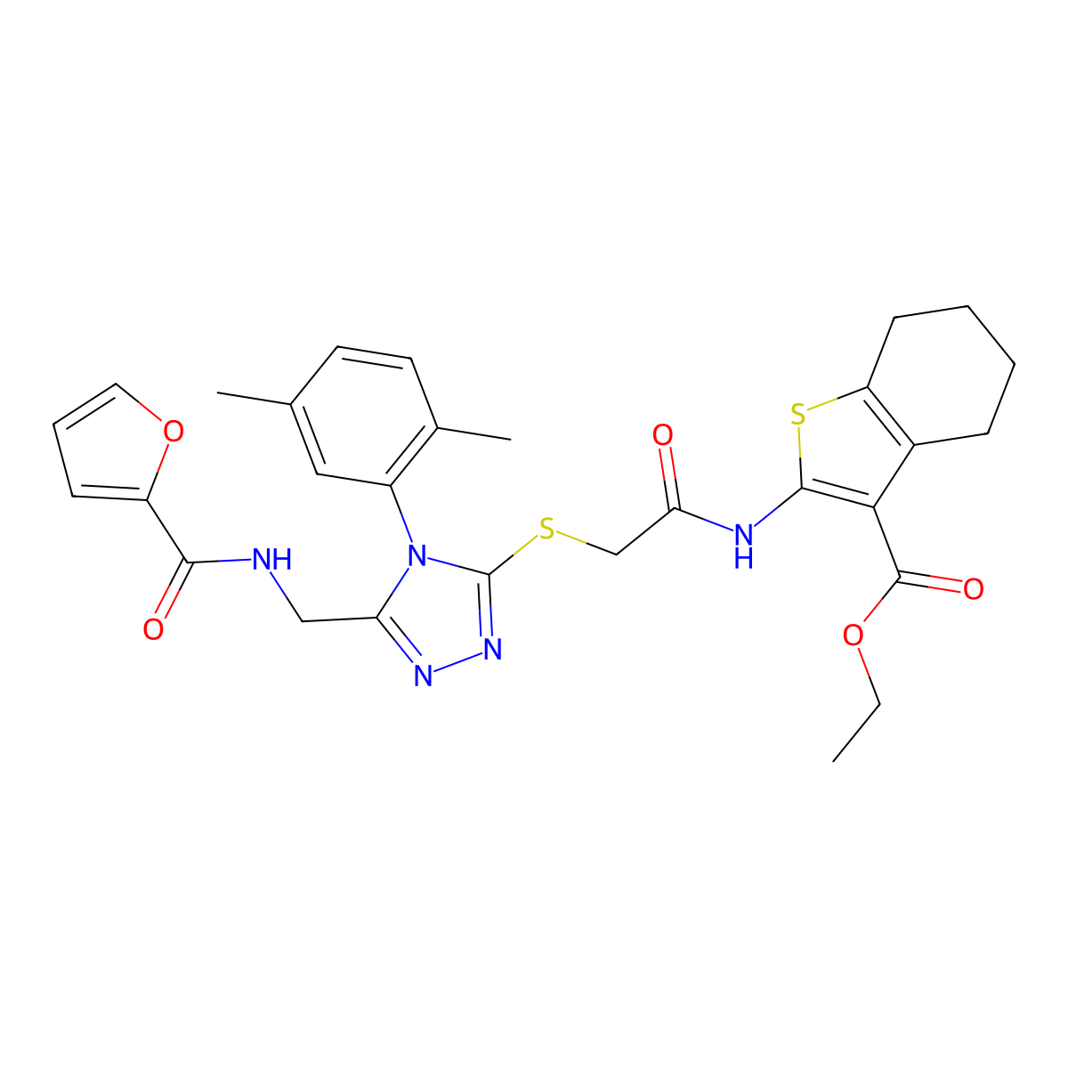 ethyl 2-(2-((4-(2,5-dimethylphenyl)-5-((furan-2-carboxamido)methyl)-4H-1,2,4-triazol-3-yl)thio)acetamido)-4,5,6,7-tetrahydrobenzo[b]thiophene-3-carboxylate molecular structure, CAS 393806-69-4