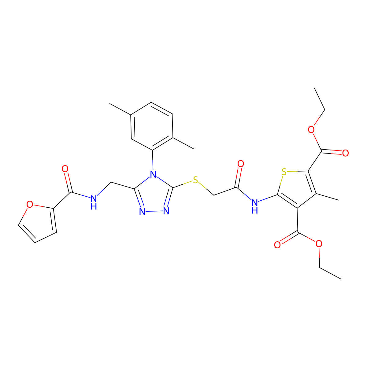 Diethyl 5-[[2-[[4-(2,5-dimethylphenyl)-5-[(furan-2-carbonylamino)methyl]-1,2,4-triazol-3-yl]sulfanyl]acetyl]amino]-3-methylthiophene-2,4-dicarboxylate molecular structure, CAS 393806-73-0