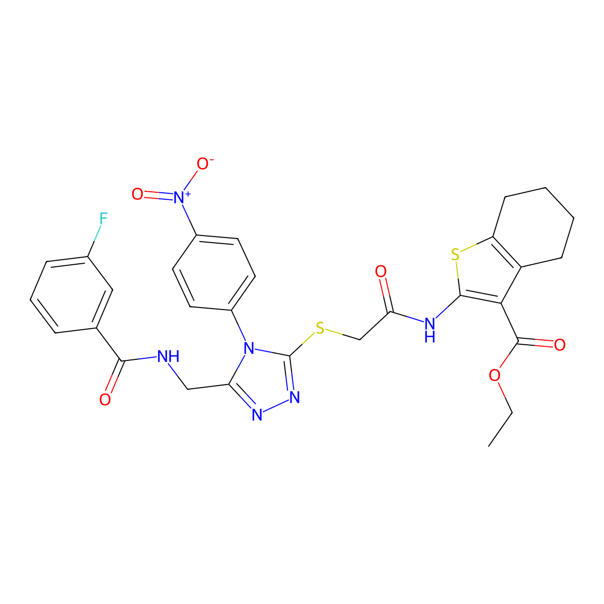 ethyl 2-(2-((5-((3-fluorobenzamido)methyl)-4-(4-nitrophenyl)-4H-1,2,4-triazol-3-yl)thio)acetamido)-4,5,6,7-tetrahydrobenzo[b]thiophene-3-carboxylate molecular structure, CAS 393806-86-5