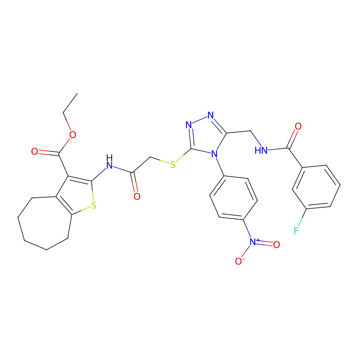 ethyl 2-(2-((5-((3-fluorobenzamido)methyl)-4-(4-nitrophenyl)-4H-1,2,4-triazol-3-yl)thio)acetamido)-5,6,7,8-tetrahydro-4H-cyclohepta[b]thiophene-3-carboxylate molecular structure, CAS 393806-88-7