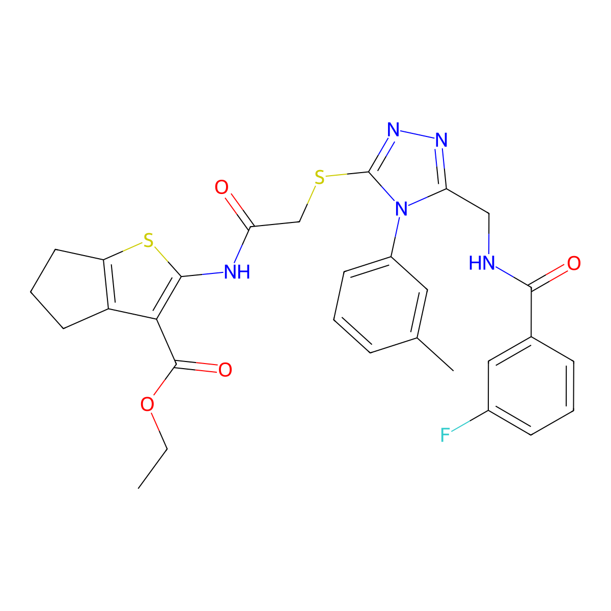 ethyl 2-(2-((5-((3-fluorobenzamido)methyl)-4-(m-tolyl)-4H-1,2,4-triazol-3-yl)thio)acetamido)-5,6-dihydro-4H-cyclopenta[b]thiophene-3-carboxylate molecular structure, CAS 393807-05-1