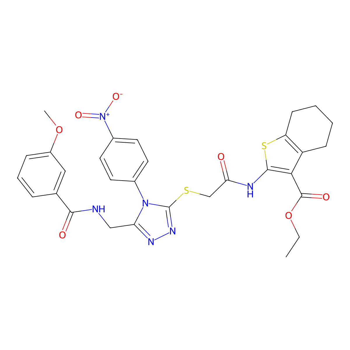 Ethyl 2-[[2-[[5-[[(3-methoxybenzoyl)amino]methyl]-4-(4-nitrophenyl)-1,2,4-triazol-3-yl]sulfanyl]acetyl]amino]-4,5,6,7-tetrahydro-1-benzothiophene-3-carboxylate molecular structure, CAS 393807-26-6