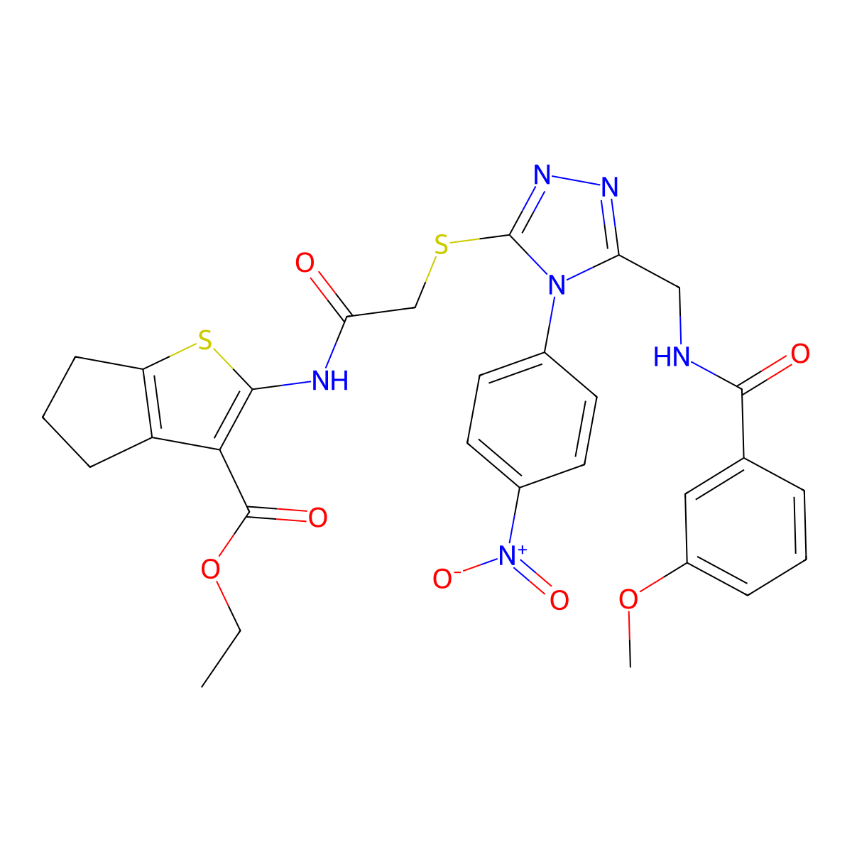 ethyl 2-(2-((5-((3-methoxybenzamido)methyl)-4-(4-nitrophenyl)-4H-1,2,4-triazol-3-yl)thio)acetamido)-5,6-dihydro-4H-cyclopenta[b]thiophene-3-carboxylate molecular structure, CAS 393807-27-7