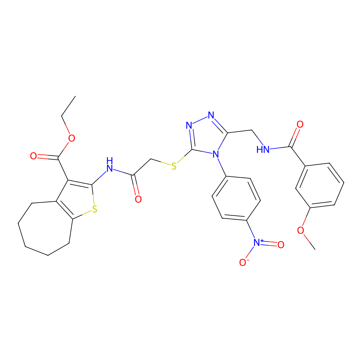 ethyl 2-[[2-[[5-[[(3-methoxybenzoyl)amino]methyl]-4-(4-nitrophenyl)-1,2,4-triazol-3-yl]sulfanyl]acetyl]amino]-5,6,7,8-tetrahydro-4H-cyclohepta[b]thiophene-3-carboxylate molecular structure, CAS 393807-28-8