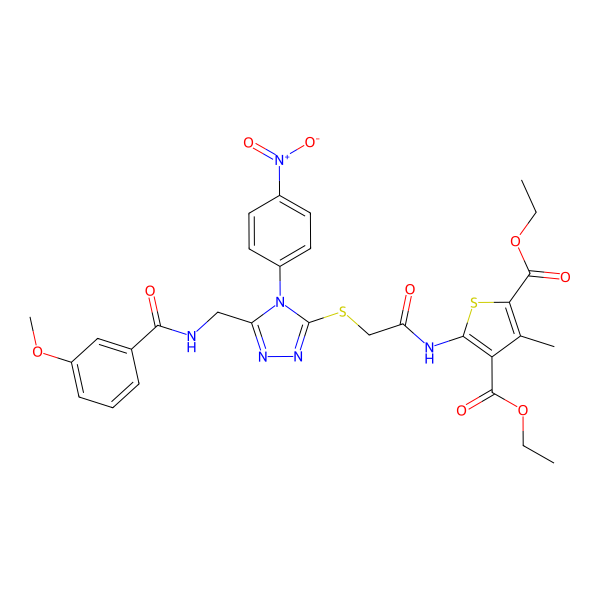 Diethyl 5-[[2-[[5-[[(3-methoxybenzoyl)amino]methyl]-4-(4-nitrophenyl)-1,2,4-triazol-3-yl]sulfanyl]acetyl]amino]-3-methylthiophene-2,4-dicarboxylate molecular structure, CAS 393807-29-9