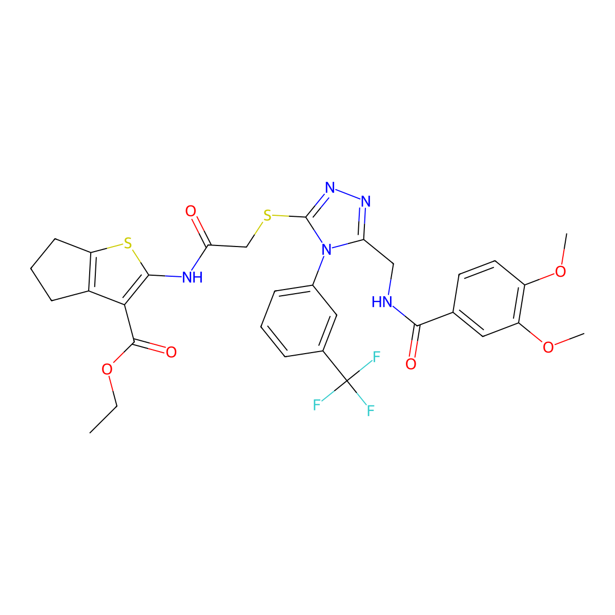 ethyl 2-(2-((5-((3,4-dimethoxybenzamido)methyl)-4-(3-(trifluoromethyl)phenyl)-4H-1,2,4-triazol-3-yl)thio)acetamido)-5,6-dihydro-4H-cyclopenta[b]thiophene-3-carboxylate molecular structure, CAS 393808-19-0