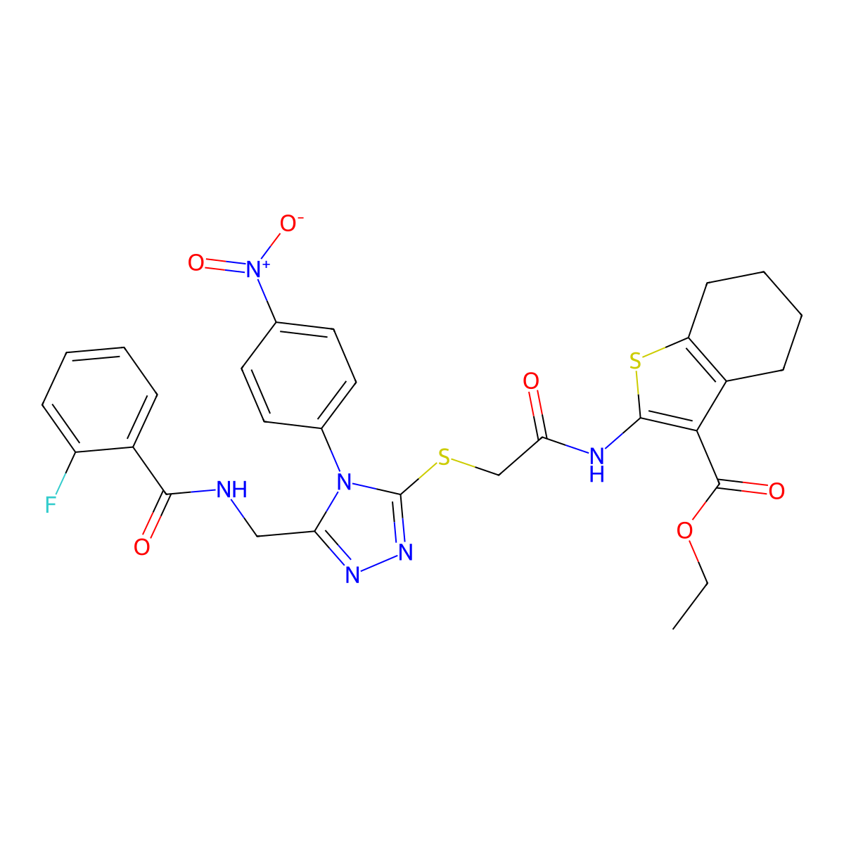 Ethyl 2-[[2-[[5-[[(2-fluorobenzoyl)amino]methyl]-4-(4-nitrophenyl)-1,2,4-triazol-3-yl]sulfanyl]acetyl]amino]-4,5,6,7-tetrahydro-1-benzothiophene-3-carboxylate molecular structure, CAS 393808-38-3