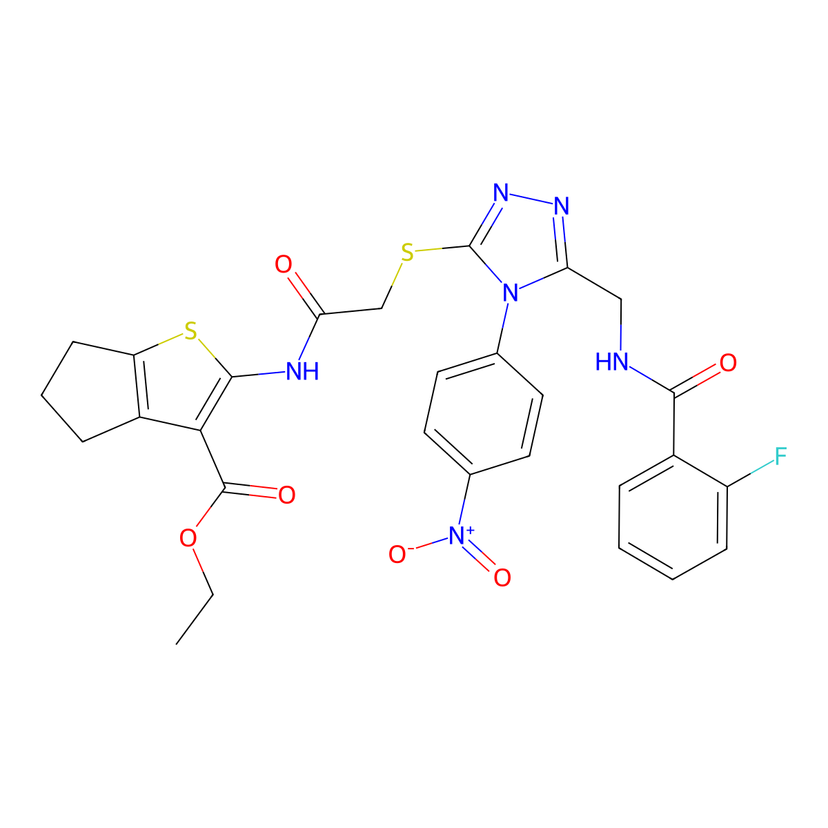 ethyl 2-(2-((5-((2-fluorobenzamido)methyl)-4-(4-nitrophenyl)-4H-1,2,4-triazol-3-yl)thio)acetamido)-5,6-dihydro-4H-cyclopenta[b]thiophene-3-carboxylate molecular structure, CAS 393808-39-4